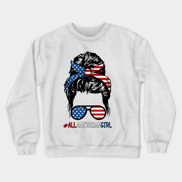 All American Girl 4th Of July Shirt Women Messy Bun USA Flag Crewneck Sweatshirt by Medaze